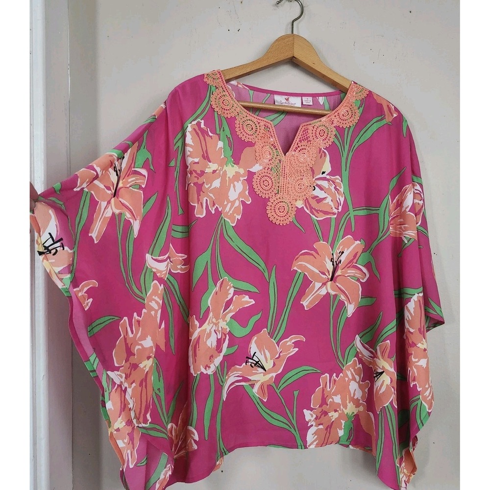 Quacker Factory Womens Sz Small Pink Floral Lace Trim Kimono Blouse Tropical Top - Picture 3 of 5